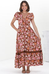 JAASE - Carmen Maxi Dress: Butterfly Cap Sleeve Button Down A Line Dress with Lace Trim in Pixie Print