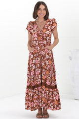 JAASE - Carmen Maxi Dress: Butterfly Cap Sleeve Button Down A Line Dress with Lace Trim in Pixie Print