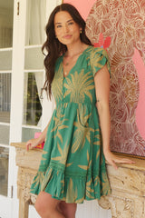 JAASE - Carmen Mini Dress: Butterfly Cap Sleeve Button Down A Line Dress with Lace Trim in Island Luxe Print