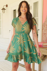 JAASE - Carmen Mini Dress: Butterfly Cap Sleeve Button Down A Line Dress with Lace Trim in Island Luxe Print