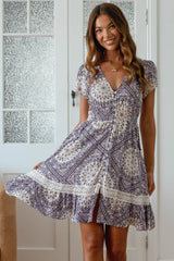 JAASE - Carmen Mini Dress: Butterfly Cap Sleeve Button Down A Line Dress with Lace Trim in Lilac Lullaby Print