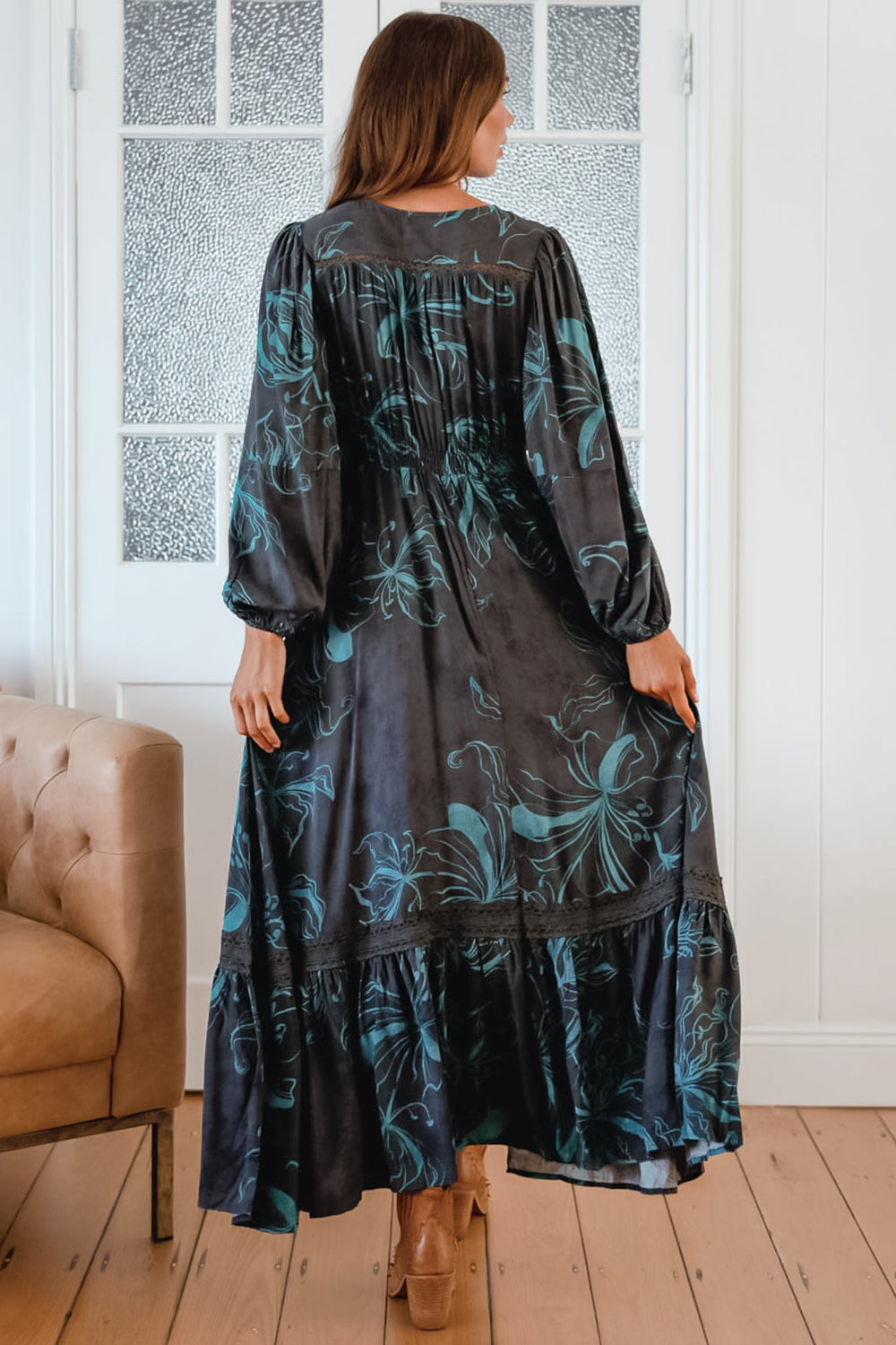 JAASE - Carmen Long Sleeve Maxi Dress: Button Down A Line Dress with Lace Trim in Midnight Lilly Print