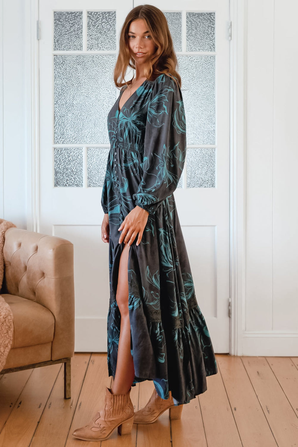 JAASE - Carmen Long Sleeve Maxi Dress: Button Down A Line Dress with Lace Trim in Midnight Lilly Print