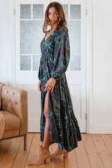 JAASE - Carmen Long Sleeve Maxi Dress: Button Down A Line Dress with Lace Trim in Midnight Lilly Print