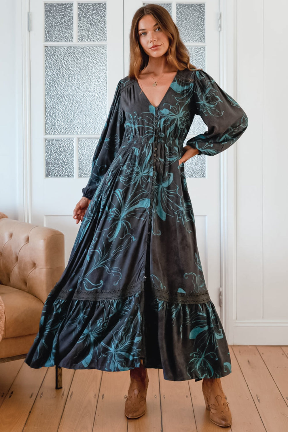 JAASE - Carmen Long Sleeve Maxi Dress: Button Down A Line Dress with Lace Trim in Midnight Lilly Print