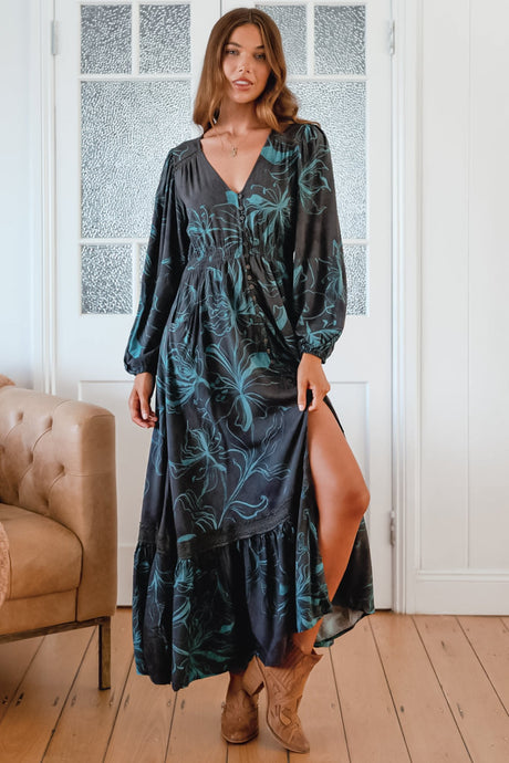 JAASE - Carmen Long Sleeve Maxi Dress: Button Down A Line Dress with Lace Trim in Midnight Lilly Print