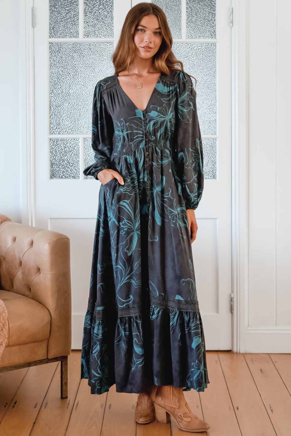 JAASE - Carmen Long Sleeve Maxi Dress: Button Down A Line Dress with Lace Trim in Midnight Lilly Print
