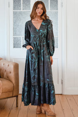 JAASE - Carmen Long Sleeve Maxi Dress: Button Down A Line Dress with Lace Trim in Midnight Lilly Print