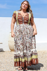 JAASE - Carmen Maxi Dress: Butterfly Cap Sleeve Button Down A Line Dress with Lace Trim in Oakie Print
