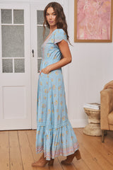 JAASE - Carmen Maxi Dress: Butterfly Cap Sleeve Button Down A Line Dress with Lace Trim in Laguna Fleur Print