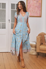 JAASE - Carmen Maxi Dress: Butterfly Cap Sleeve Button Down A Line Dress with Lace Trim in Laguna Fleur Print