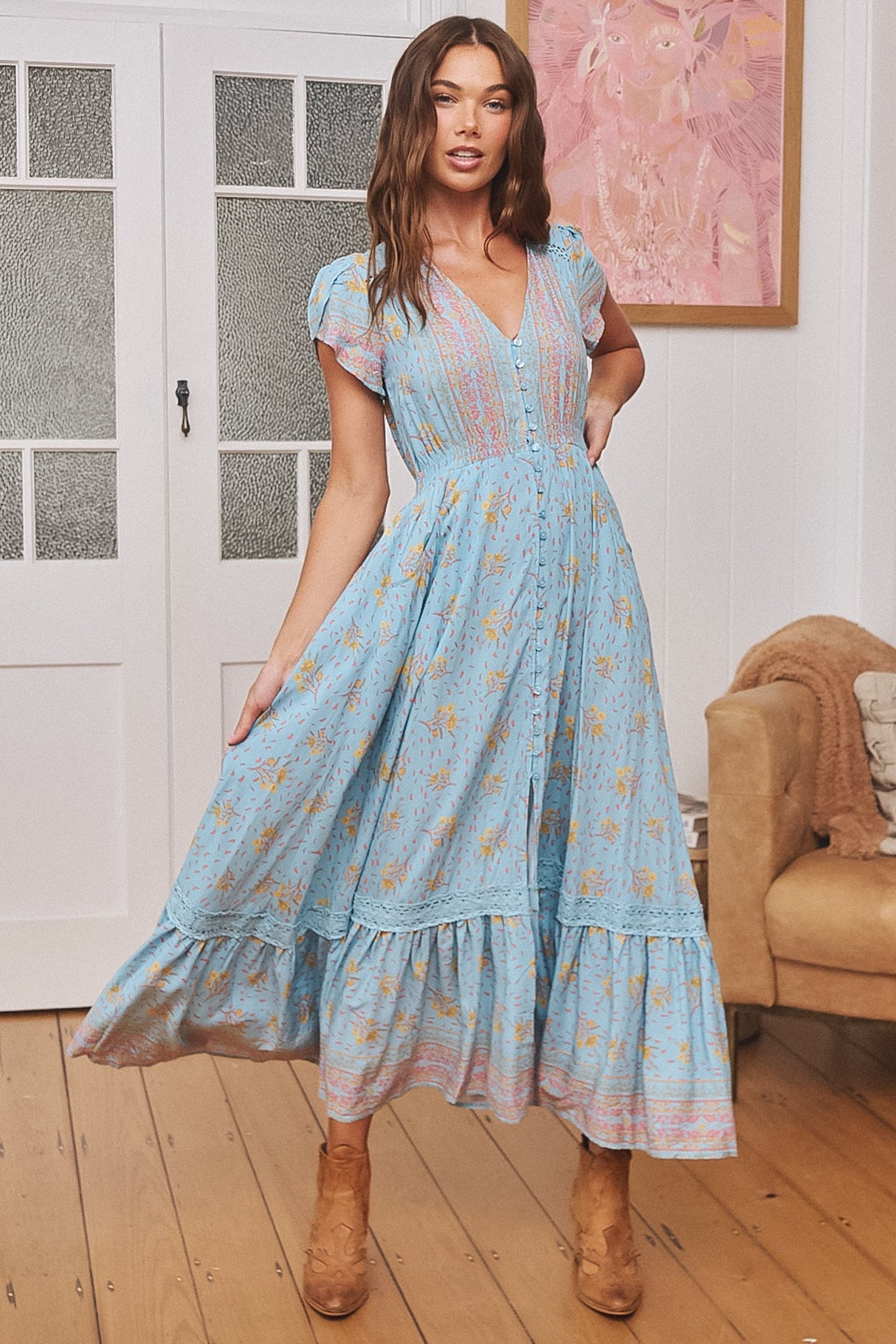 JAASE - Carmen Maxi Dress: Butterfly Cap Sleeve Button Down A Line Dress with Lace Trim in Laguna Fleur Print
