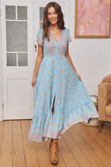 JAASE - Carmen Maxi Dress: Butterfly Cap Sleeve Button Down A Line Dress with Lace Trim in Laguna Fleur Print