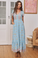 JAASE - Carmen Maxi Dress: Butterfly Cap Sleeve Button Down A Line Dress with Lace Trim in Laguna Fleur Print