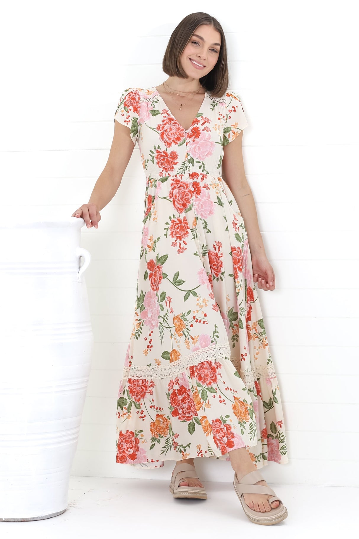 JAASE - Carmen Maxi Dress: Butterfly Cap Sleeve Button Down A Line Dress with Lace Trim in Verbena