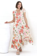 JAASE - Carmen Maxi Dress: Butterfly Cap Sleeve Button Down A Line Dress with Lace Trim in Verbena