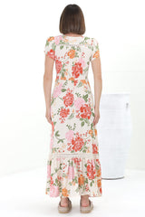 JAASE - Carmen Maxi Dress: Butterfly Cap Sleeve Button Down A Line Dress with Lace Trim in Verbena