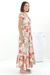 JAASE - Carmen Maxi Dress: Butterfly Cap Sleeve Button Down A Line Dress with Lace Trim in Verbena