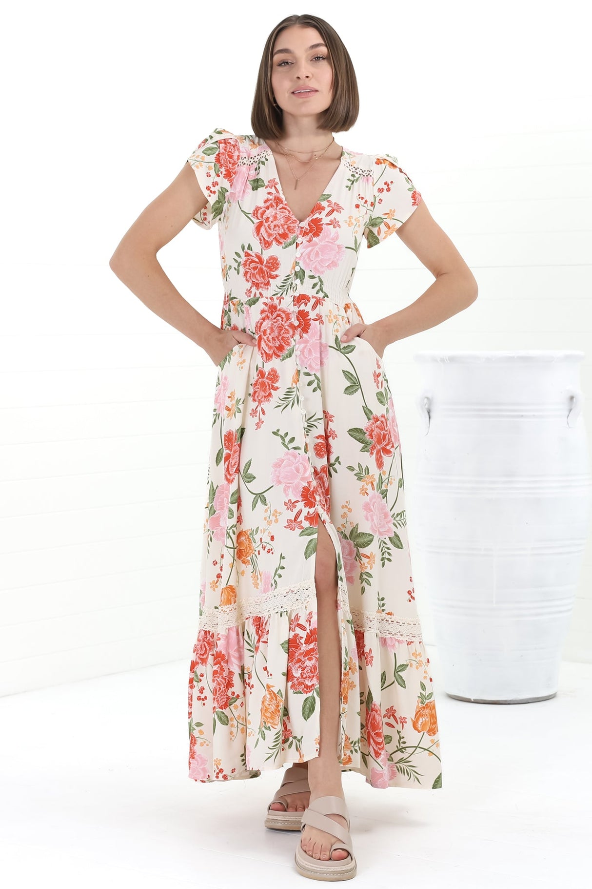 JAASE - Carmen Maxi Dress: Butterfly Cap Sleeve Button Down A Line Dress with Lace Trim in Verbena