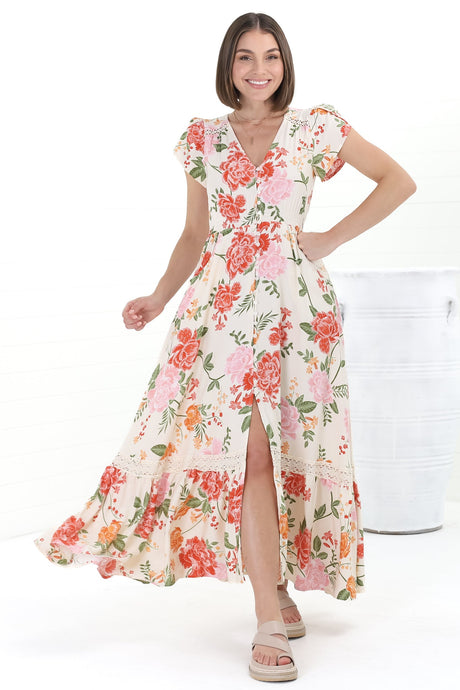 JAASE - Carmen Maxi Dress: Butterfly Cap Sleeve Button Down A Line Dress with Lace Trim in Verbena