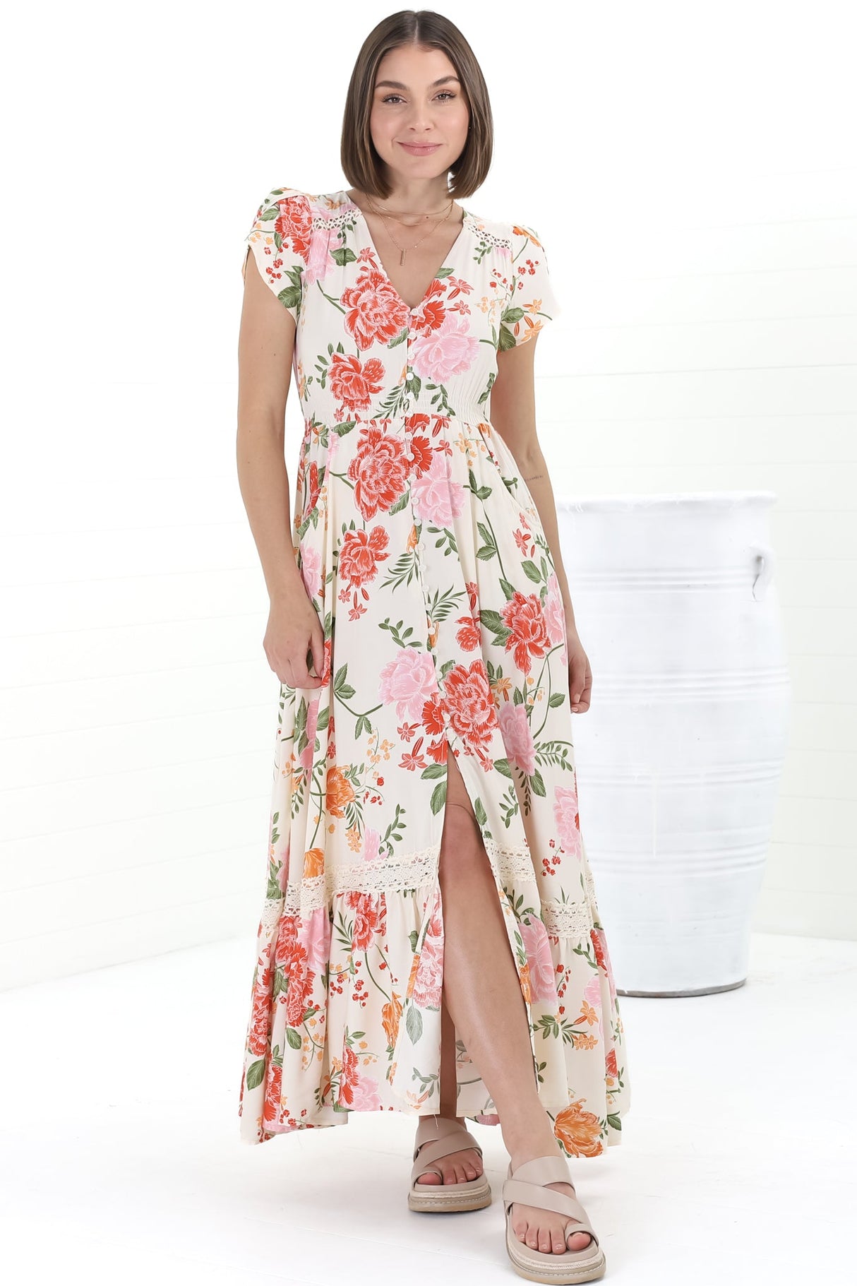 JAASE - Carmen Maxi Dress: Butterfly Cap Sleeve Button Down A Line Dress with Lace Trim in Verbena