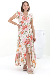 JAASE - Carmen Maxi Dress: Butterfly Cap Sleeve Button Down A Line Dress with Lace Trim in Verbena