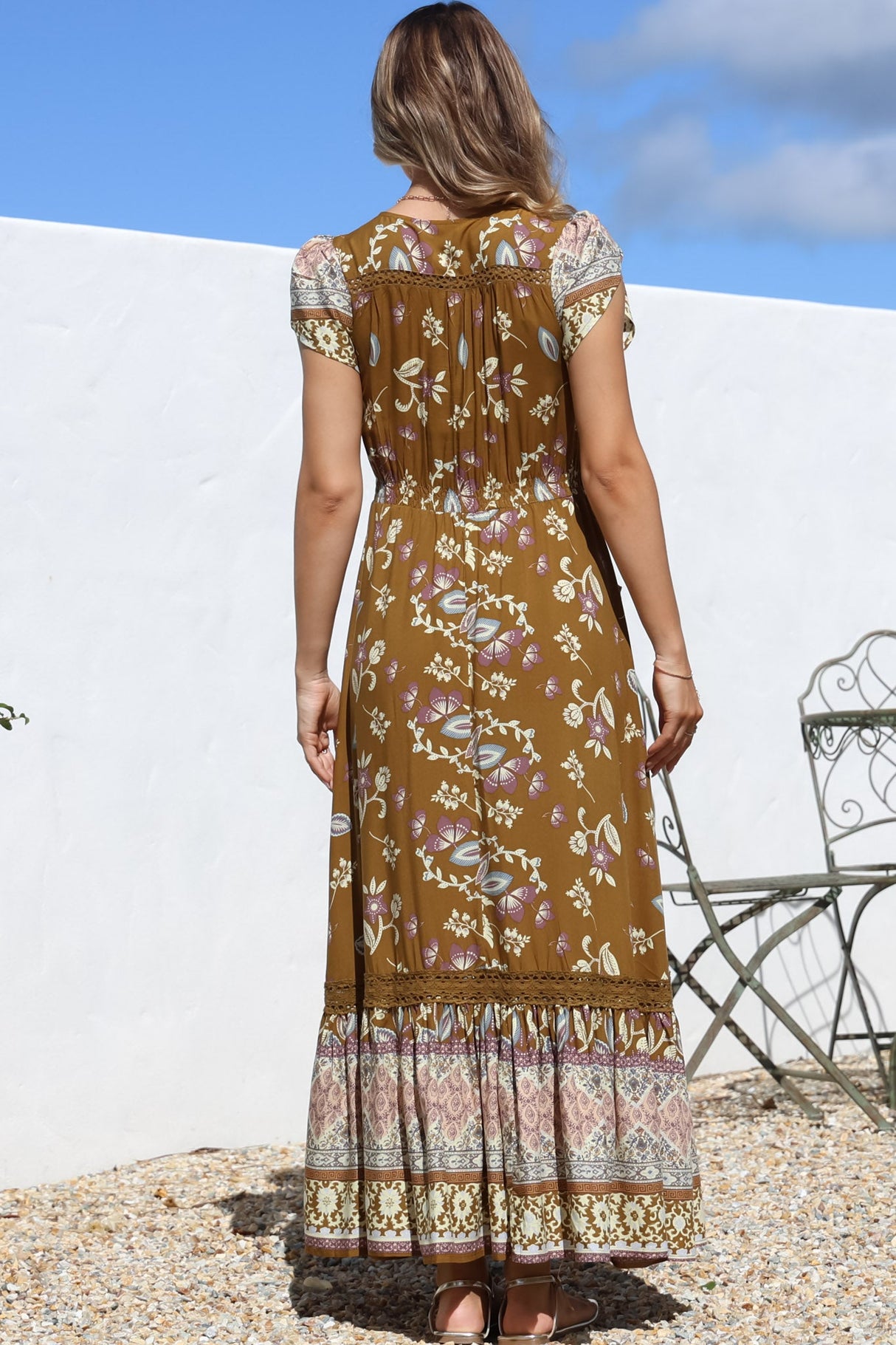 JAASE - Carmen Maxi Dress: Butterfly Cap Sleeve Button Down A Line Dress with Lace Trim in Emre Print
