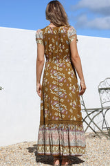 JAASE - Carmen Maxi Dress: Butterfly Cap Sleeve Button Down A Line Dress with Lace Trim in Emre Print