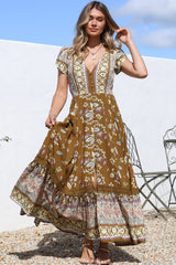 JAASE - Carmen Maxi Dress: Butterfly Cap Sleeve Button Down A Line Dress with Lace Trim in Emre Print
