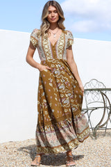 JAASE - Carmen Maxi Dress: Butterfly Cap Sleeve Button Down A Line Dress with Lace Trim in Emre Print