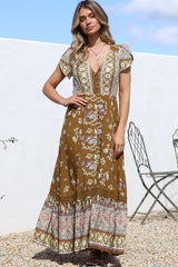 JAASE - Carmen Maxi Dress: Butterfly Cap Sleeve Button Down A Line Dress with Lace Trim in Emre Print
