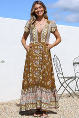 JAASE - Carmen Maxi Dress: Butterfly Cap Sleeve Button Down A Line Dress with Lace Trim in Emre Print