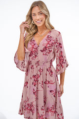 Carmine Mini Dress - V Neck A Line Dress with Shirred Cinched Waist and Pockets in Jennaia Print