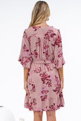 Carmine Mini Dress - V Neck A Line Dress with Shirred Cinched Waist and Pockets in Jennaia Print