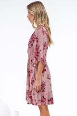 Carmine Mini Dress - V Neck A Line Dress with Shirred Cinched Waist and Pockets in Jennaia Print