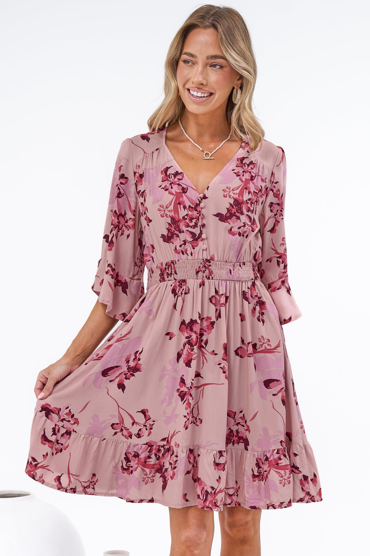 Carmine Mini Dress - V Neck A Line Dress with Shirred Cinched Waist and Pockets in Jennaia Print