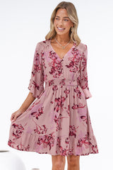 Carmine Mini Dress - V Neck A Line Dress with Shirred Cinched Waist and Pockets in Jennaia Print