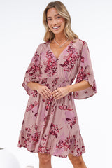 Carmine Mini Dress - V Neck A Line Dress with Shirred Cinched Waist and Pockets in Jennaia Print