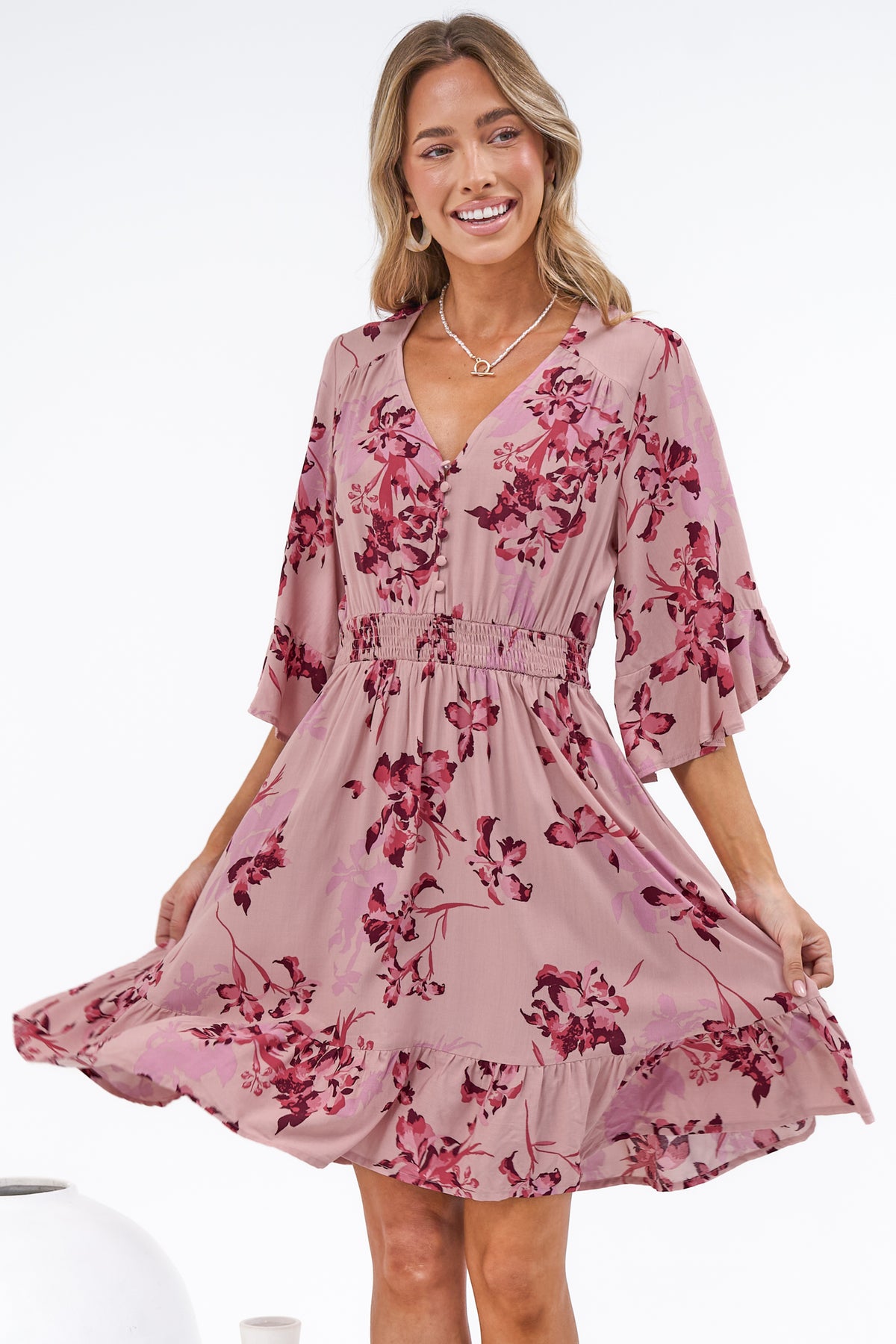 Carmine Mini Dress - V Neck A Line Dress with Shirred Cinched Waist and Pockets in Jennaia Print