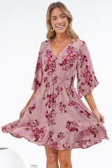 Carmine Mini Dress - V Neck A Line Dress with Shirred Cinched Waist and Pockets in Jennaia Print