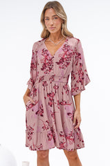 Carmine Mini Dress - V Neck A Line Dress with Shirred Cinched Waist and Pockets in Jennaia Print