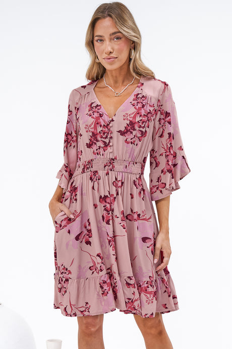 Carmine Mini Dress - V Neck A Line Dress with Shirred Cinched Waist and Pockets in Jennaia Print