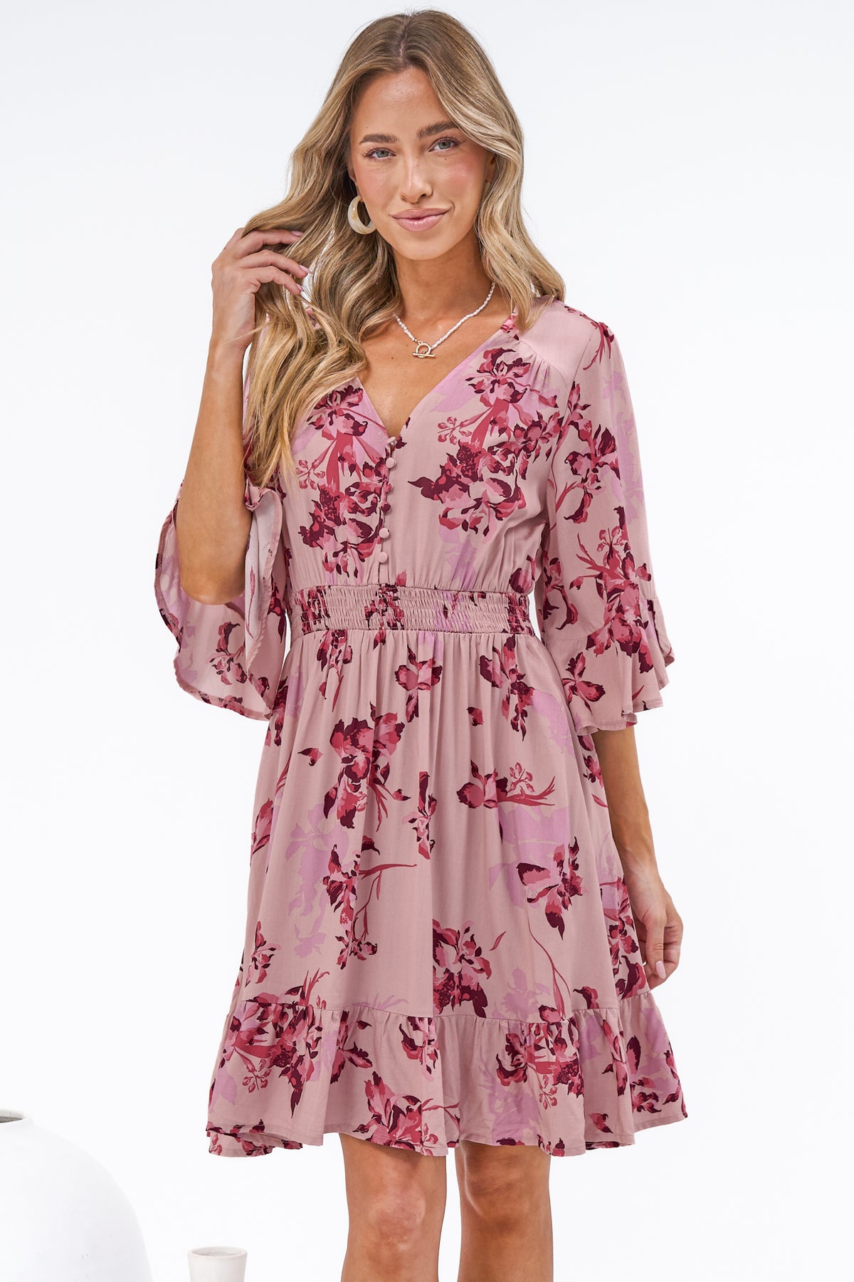 Carmine Mini Dress - V Neck A Line Dress with Shirred Cinched Waist and Pockets in Jennaia Print