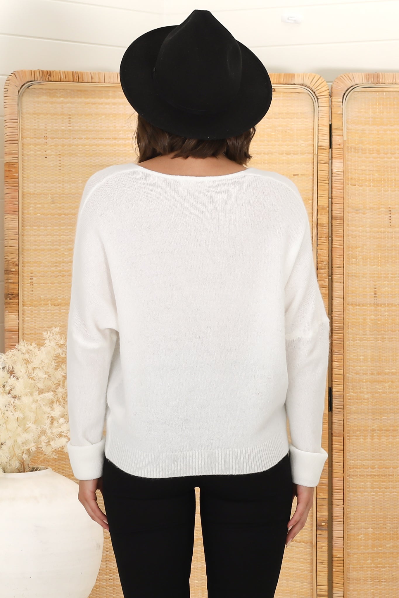 Carol Knit Top - Soft V Neck Batwing Sleeve Knit Top in Off White