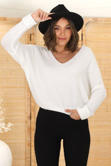 Carol Knit Top - Soft V Neck Batwing Sleeve Knit Top in Off White