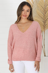 Carol Knit Top - Soft V Neck Batwing Sleeve Knit Top in Coral Pink