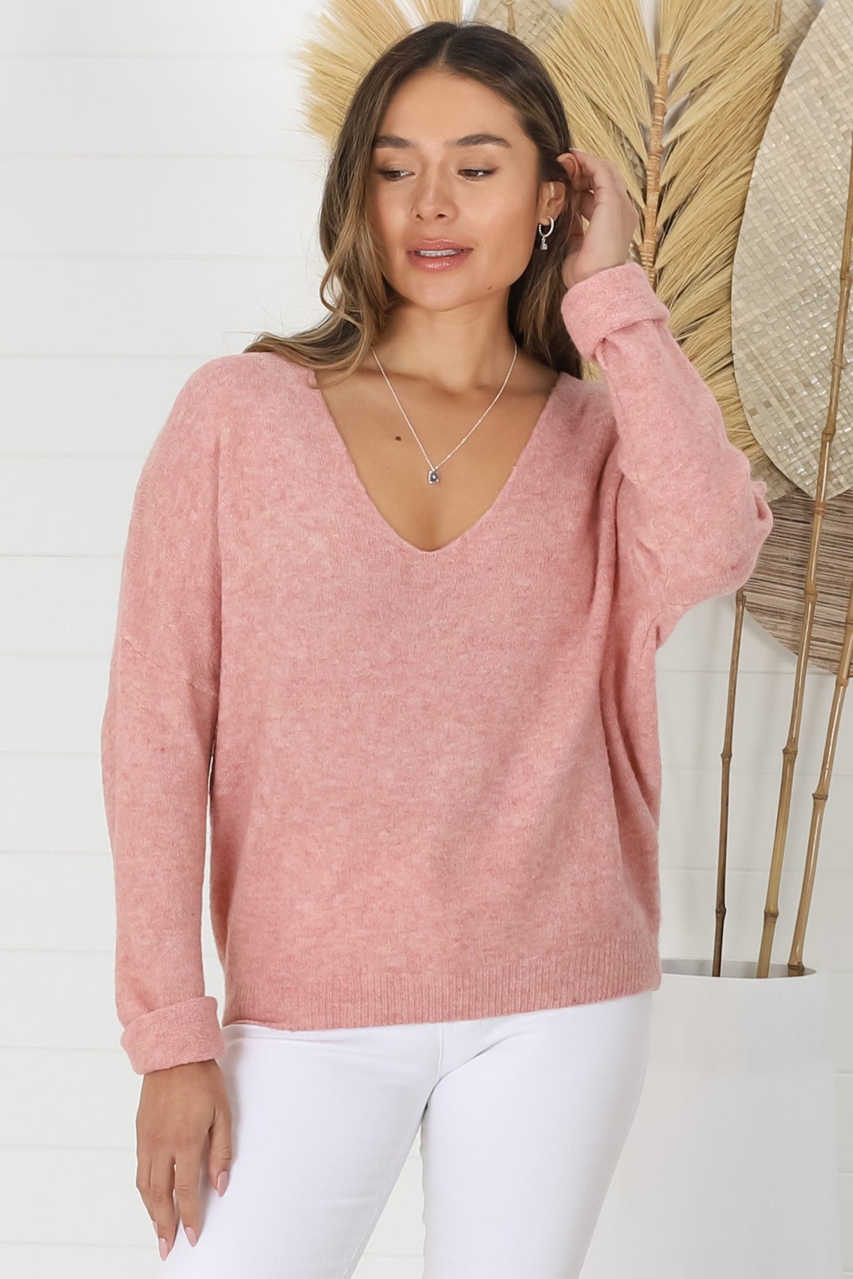 Carol Knit Top - Soft V Neck Batwing Sleeve Knit Top in Coral Pink