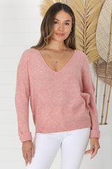 Carol Knit Top - Soft V Neck Batwing Sleeve Knit Top in Coral Pink