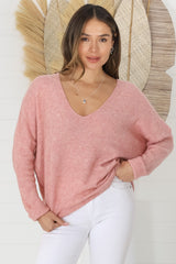 Carol Knit Top - Soft V Neck Batwing Sleeve Knit Top in Coral Pink