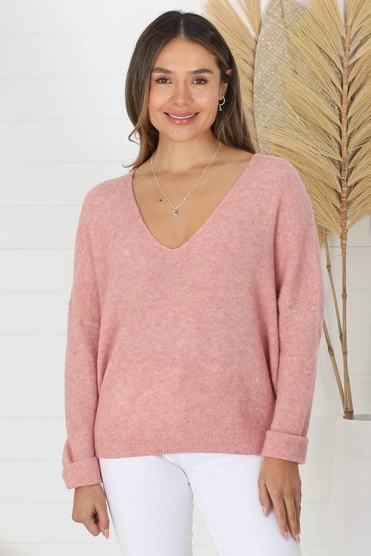 Carol Knit Top - Soft V Neck Batwing Sleeve Knit Top in Coral Pink